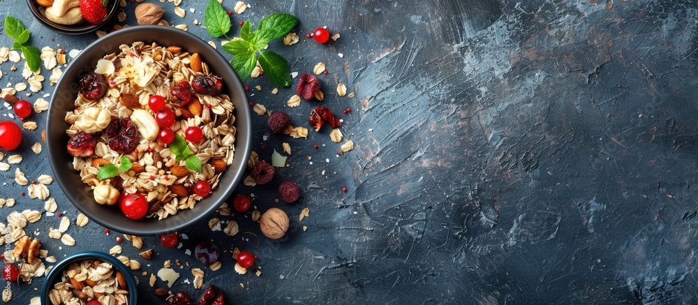 Poster paleo style breakfast: gluten free and oat free muesli made with nuts, dried berries and fruits, top