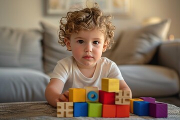 Curly-Haired Toddler Playing with Colorful Blocks