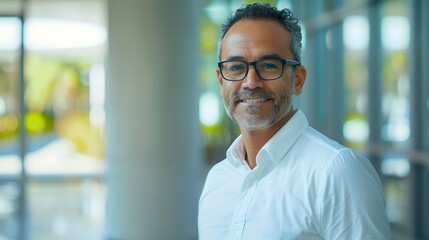 Obraz premium Portrait of a confident middle aged male business executive wearing glasses and a white shirt standing in an office with a blurred window background. A smiling Hispanic man looking at the camera in th