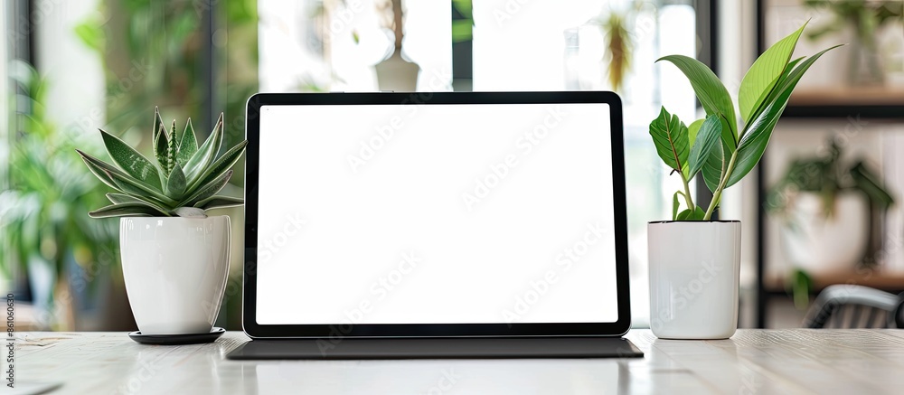 Aufkleber Tablet blank white screen of placed on table office . Mock up. with copy space image. Place for adding text or design