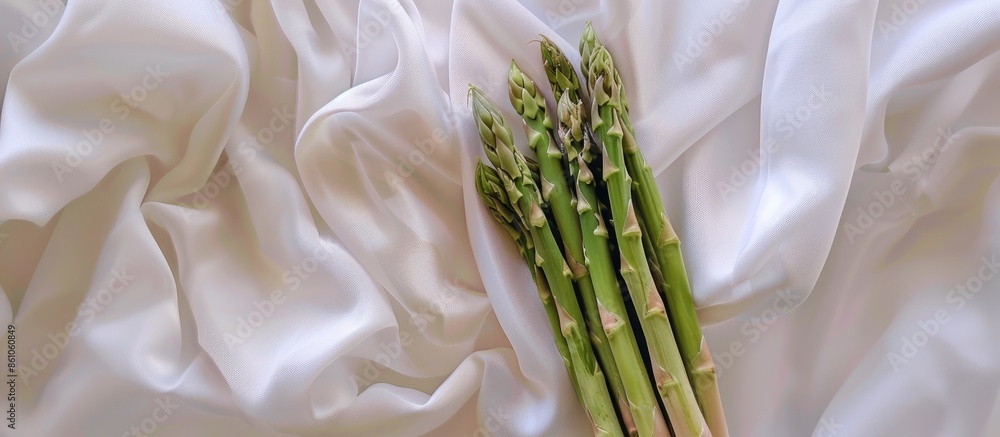 Leinwandbilder horizontal close up shot of a bundle of asparagus over a white fabric pastel background. with copy s