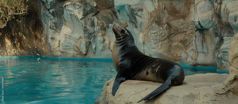 Aufkleber A seal relaxing by a pool in a zoo pastel background. with copy space image. Place for adding text or design
