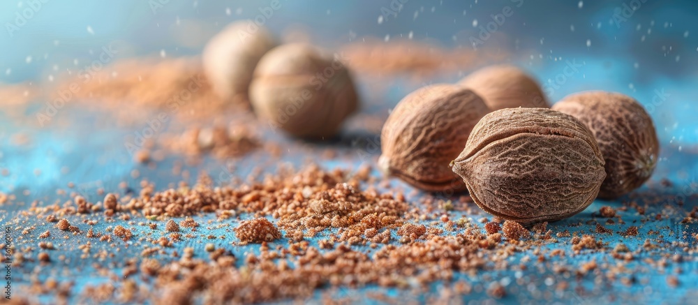 Poster nutmeg on pastel background food isolated nature. with copy space image. place for adding text or de
