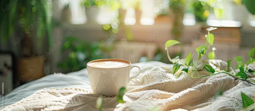 Poster cup of coffee on bed in room decorated with green plants. home design ideas. with copy space image. 