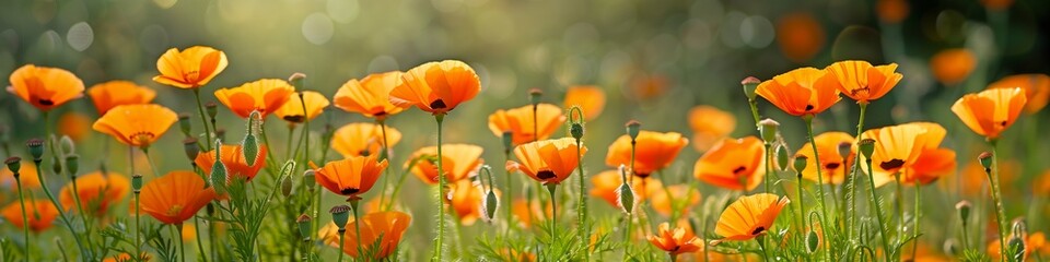 Obraz premium Serene flowering meadow with orange poppies, offering ample copy space for text, ideal for summer garden themes.