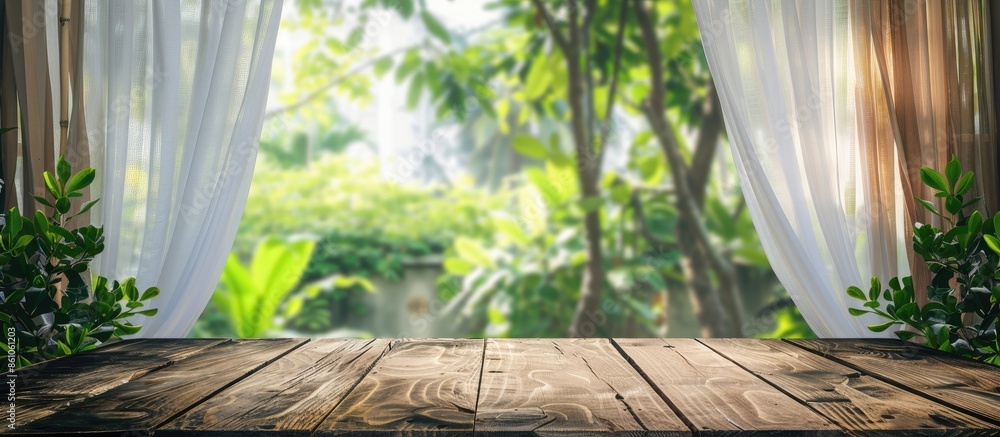 Fototapete Empty wood table top with blur white curtain window and green garden background for product display template. with copy space image. Place for adding text or design