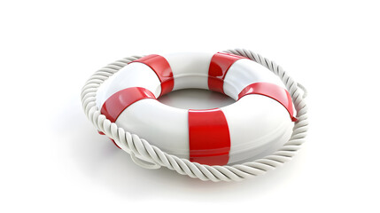 White life buoy with red stripes and white rope around isolated on white background : Generative AI