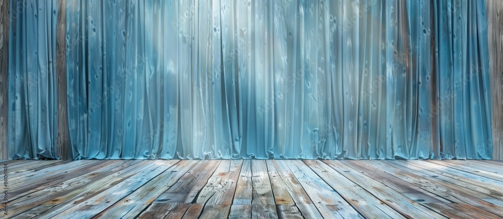 Poster Elegant Blue curtain wooden floor background template. with copy space image. Place for adding text or design