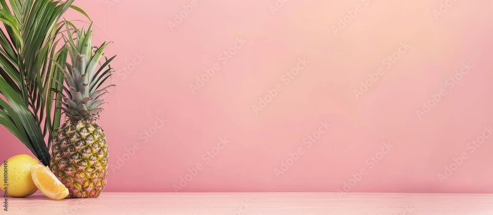 Poster fresh pineapple on pastel background  fruits and vegetables. with copy space image. Place for adding text or design