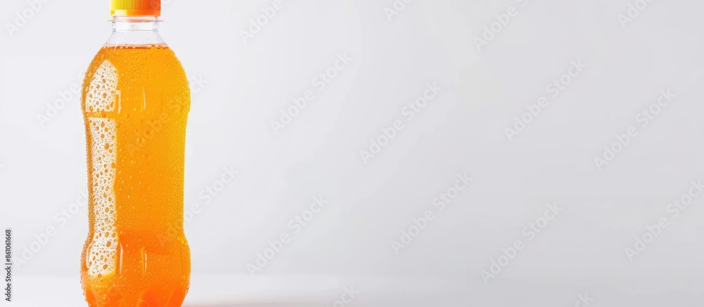 Fototapete orange soda pop or soft drink in plastic bottle isolated on white background with clipping path. cop