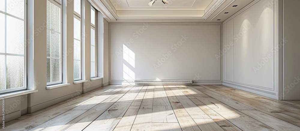 Poster empty room with wooden baseboards with white ceramic flooring, aluminum radiator and ceiling fan. wi
