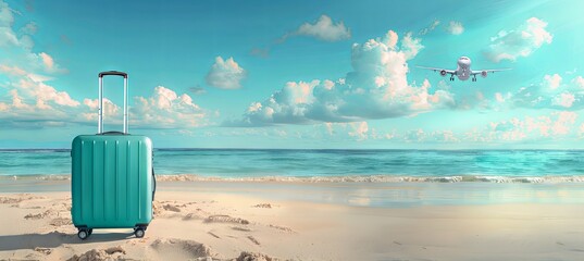 A banner featuring a suitcase on a beach with a flying plane in the background, creating a travel vacation theme