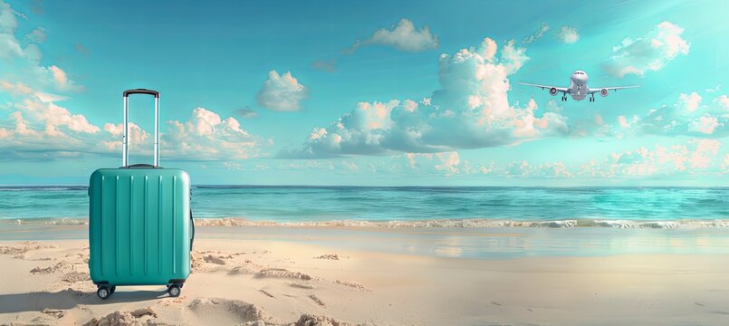 A banner featuring a suitcase on a beach with a flying plane in the background, creating a travel vacation theme