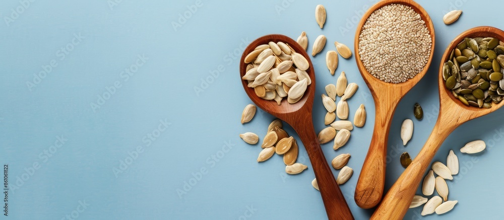 Aufkleber pumpkin, sunflower and sesame seeds in a wooden spoon isolated on pastel background top view. with c