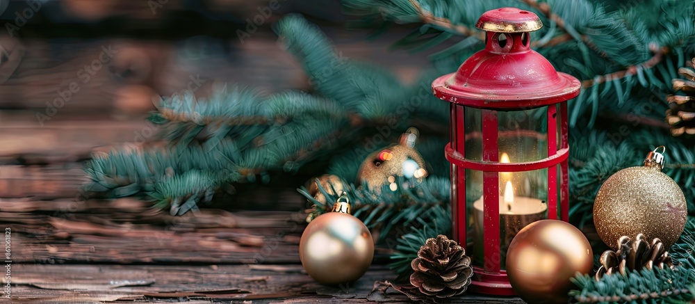 Poster CloseupV red festive lantern and golden xmasV balls with fir branches. with copy space image. Place for adding text or design
