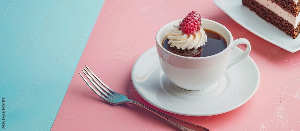 Poster cake and cup of coffee pastel background food coffee. with copy space image. place for adding text o