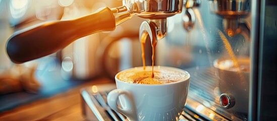 Modern espresso machine pouring coffee into cup in office. Space for text. with copy space image. Place for adding text or design