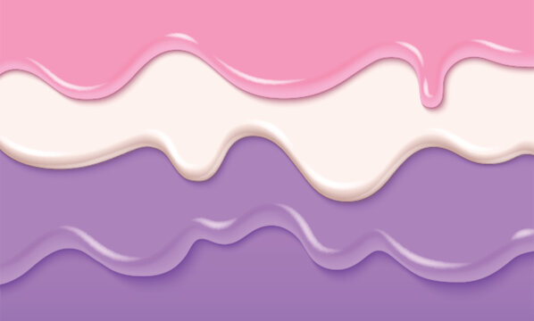 Sweet cream drip. Pink candy slime paint liquid background. Jelly dessert flow texture. 3d glossy syrup glaze wave banner. Abstract pastel bubblegum yummy fluid yogurt layer down abstract graphic