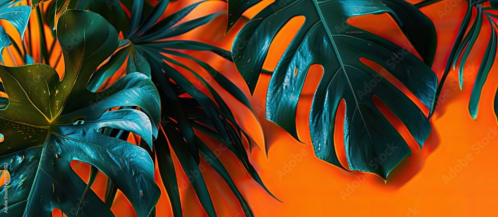 Aufkleber close-up beautiful leaves of monstera on orange the background. monstera in a modern interior. minim