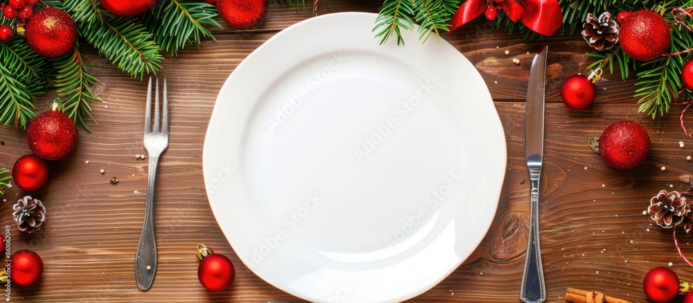 Leinwandbilder christmas banner dinner table setting frame with empty plate, cutlery, christmas toys and fir tree. 