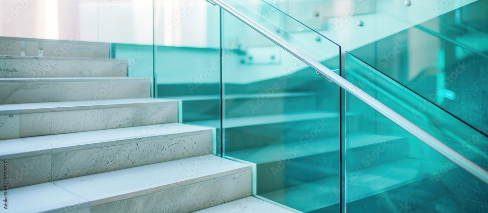 Poster Stairs with glass railing for go upstairs. Selective focus. with copy space image. Place for adding text or design