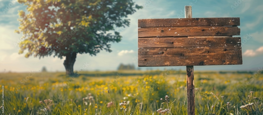 Poster wooden sign board in green meadow and tree on pastel background. with copy space image. place for ad