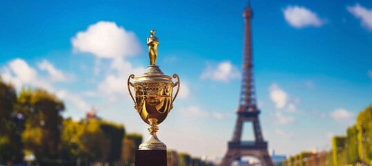 golden sports trophy against the background of the Eiffel Tower