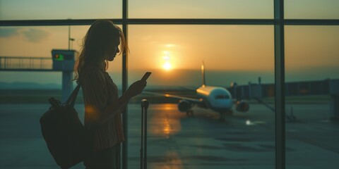 A young woman with a suitcase walking through an airport, holding her phone with the sunset streaming in through the large airport window. Travel and solo female travel concept.