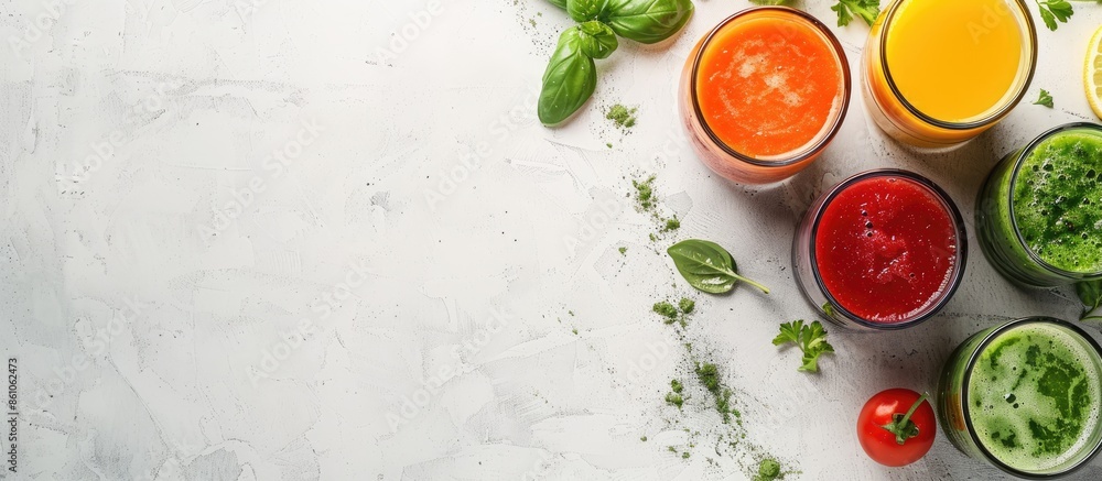 Leinwandbilder healthy vegetable smoothie and juice on light backround. fresh pastel background. with copy space im