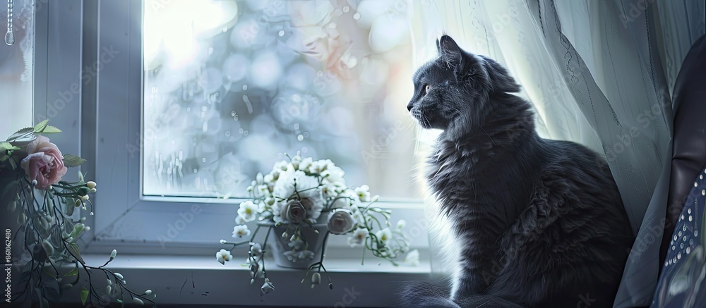 Leinwandbilder portrait of russian blue cat at the window. with copy space image. place for adding text or design