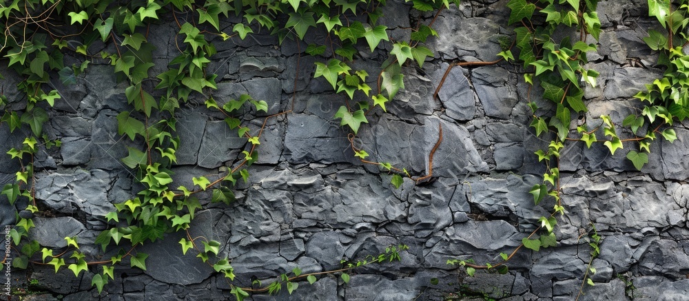 Poster Stone wall with vegetation - texture . with copy space image. Place for adding text or design