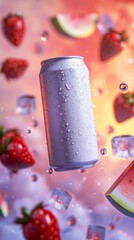 A can of soda with a strawberry on top of it