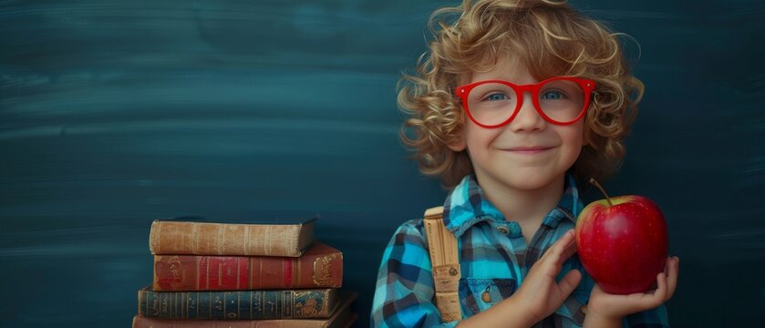 A young boy wearing glasses and a plaid shirt smiles while holding a red apple and books in front of a green chalkboard. Back to school.