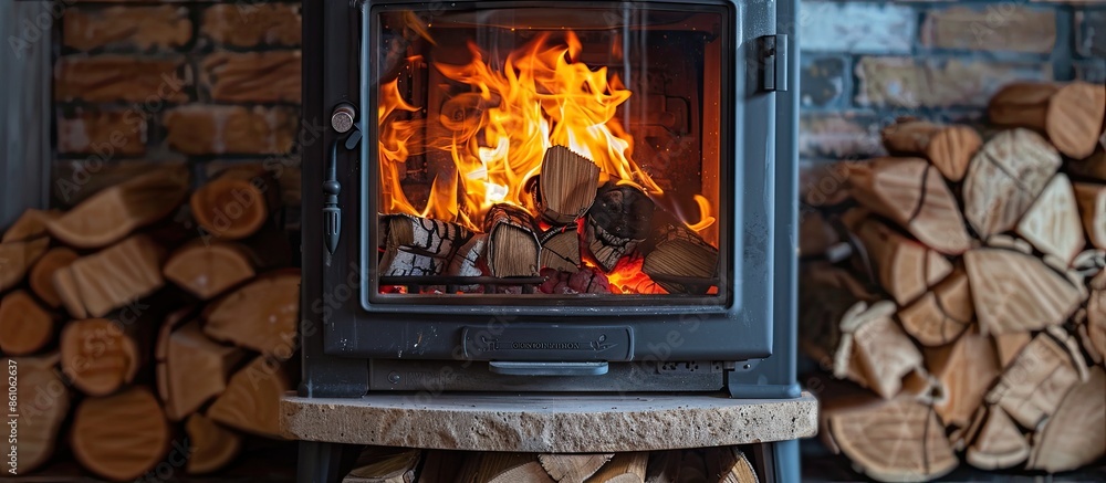 Poster firewood burning in a stove. with copy space image. Place for adding text or design