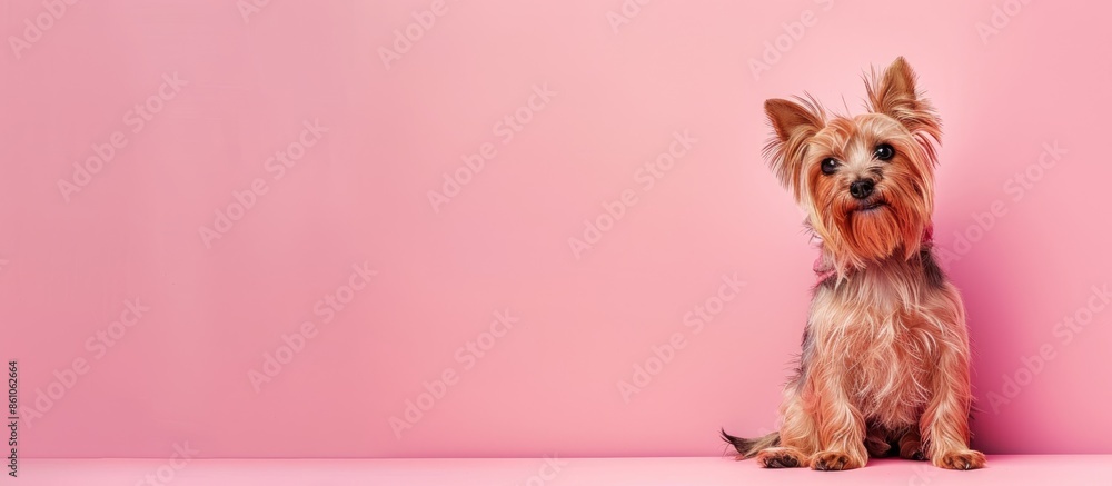 Poster Sharpay and Yorkshire Terrier in the studio pastel background. with copy space image. Place for adding text or design