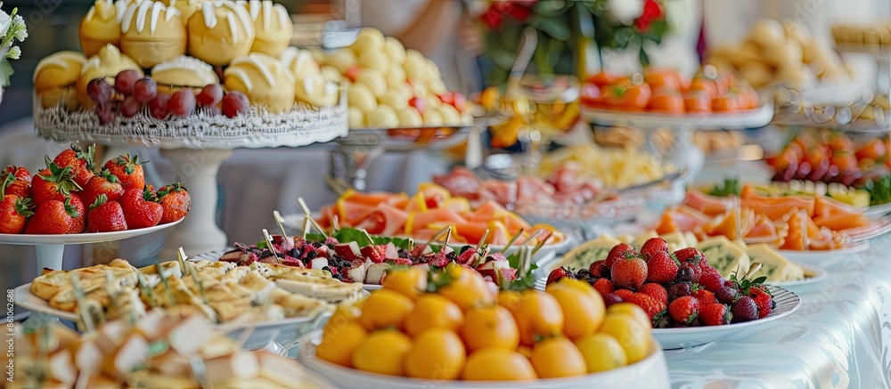 Poster delicacies and snacks on a buffet or banquet. catering. copy space image. place for adding text or d