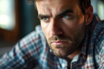 Obraz premium A man with a beard and a blue shirt is looking at the camera