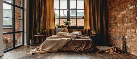loft bedroom with bed near brick wall and wooden curtain. with copy space image. Place for adding...
