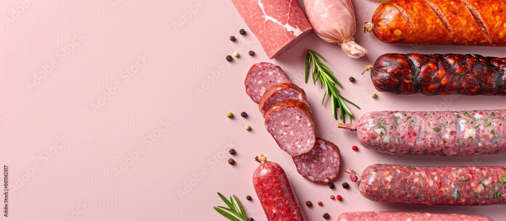 Leinwandbilder different sausages and smoked meats isolated on pastel background . with copy space image. place for