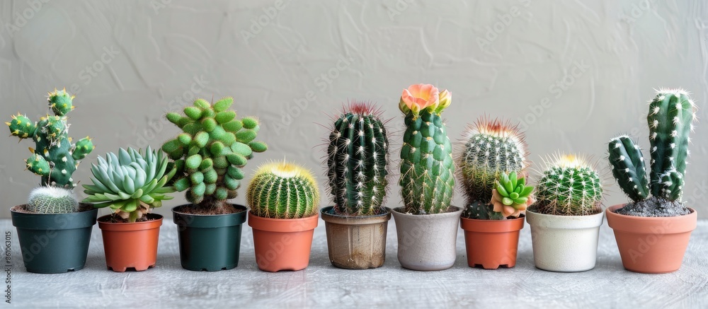 Poster various type of cactus in small pot for home decoration. with copy space image. place for adding tex