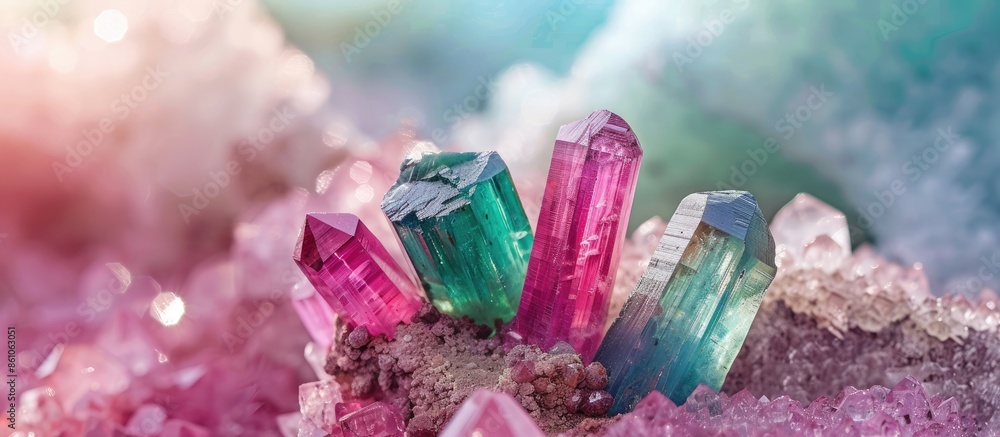 Poster tourmaline mineral specimen stone rock geology gem crystal pastel background. with copy space image.