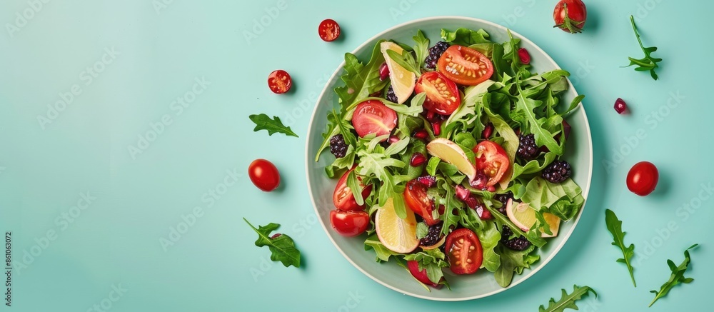 Poster Flat lay, top view salad with fresh fruits and tomato Home made food Isolated on pastel background. with copy space image. Place for adding text or design