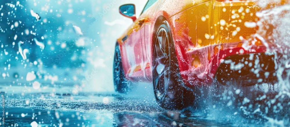 Poster detail view on car wash, car wash foam water, Automatic car wash in action. Copy space image. Place for adding text or design