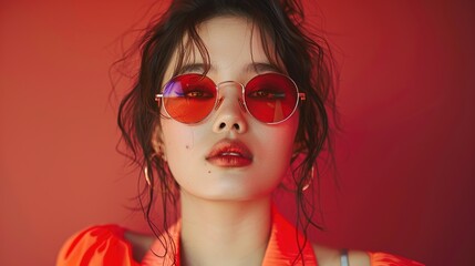 Bright studio fashion portrait of a young asian woman wearing sunglasses on red background