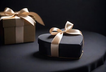 Elegant heart-shaped black gift box with gold ribbon