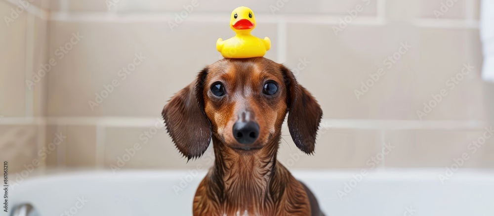 Aufkleber dog puppy dachshund sitting in bathtub with yellow plastic duck on her head and looks up. with copy 
