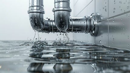 Front view of leaking PVC pipes and elbow, dripping water at pipe junctions, depicted on a white background, illustrating the concept of water flow