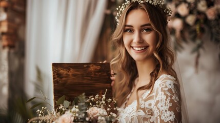 Beautiful smiling bride holding a wooden sign with the text "save the date" in her hand, a flowers bouquet on a wedding ceremony decor background. Shot with a Sony A7R IV camera, using natural light, 