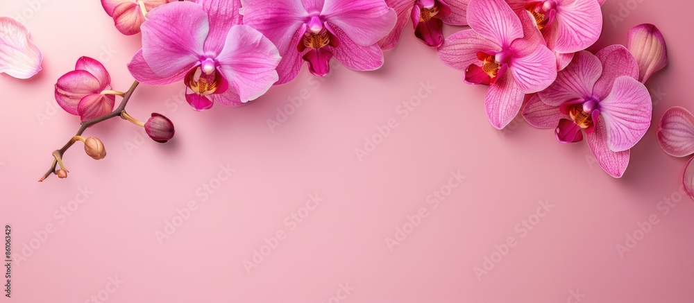 Poster pink orchid isolated on pastel background flower isolated. with copy space image. place for adding t