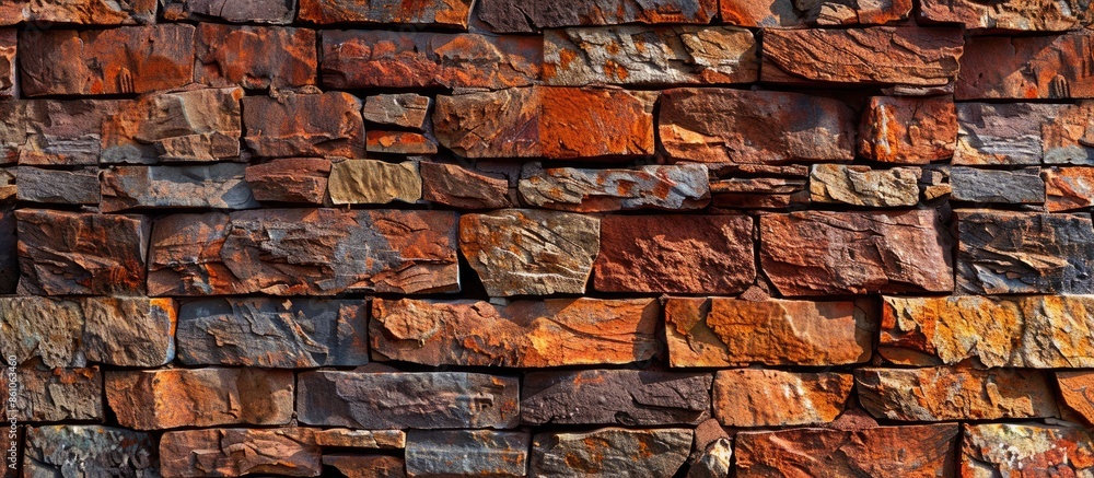Poster backgrounds, textures a brick wall made of natural river stone. fence made of natural slate stone - 